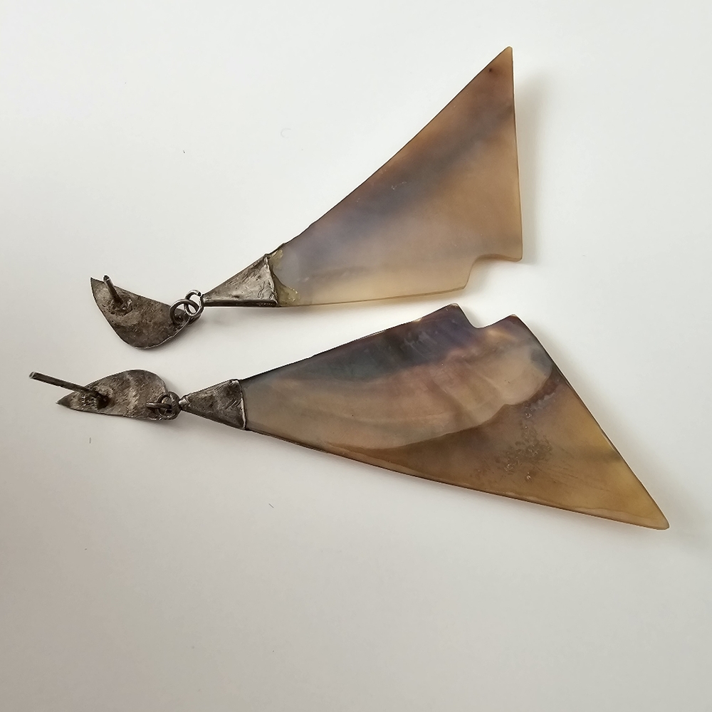 Vintage Southwestern Mother of Pearl Statement Earrings - Carved Geometric MOP - Picture 9 of 10